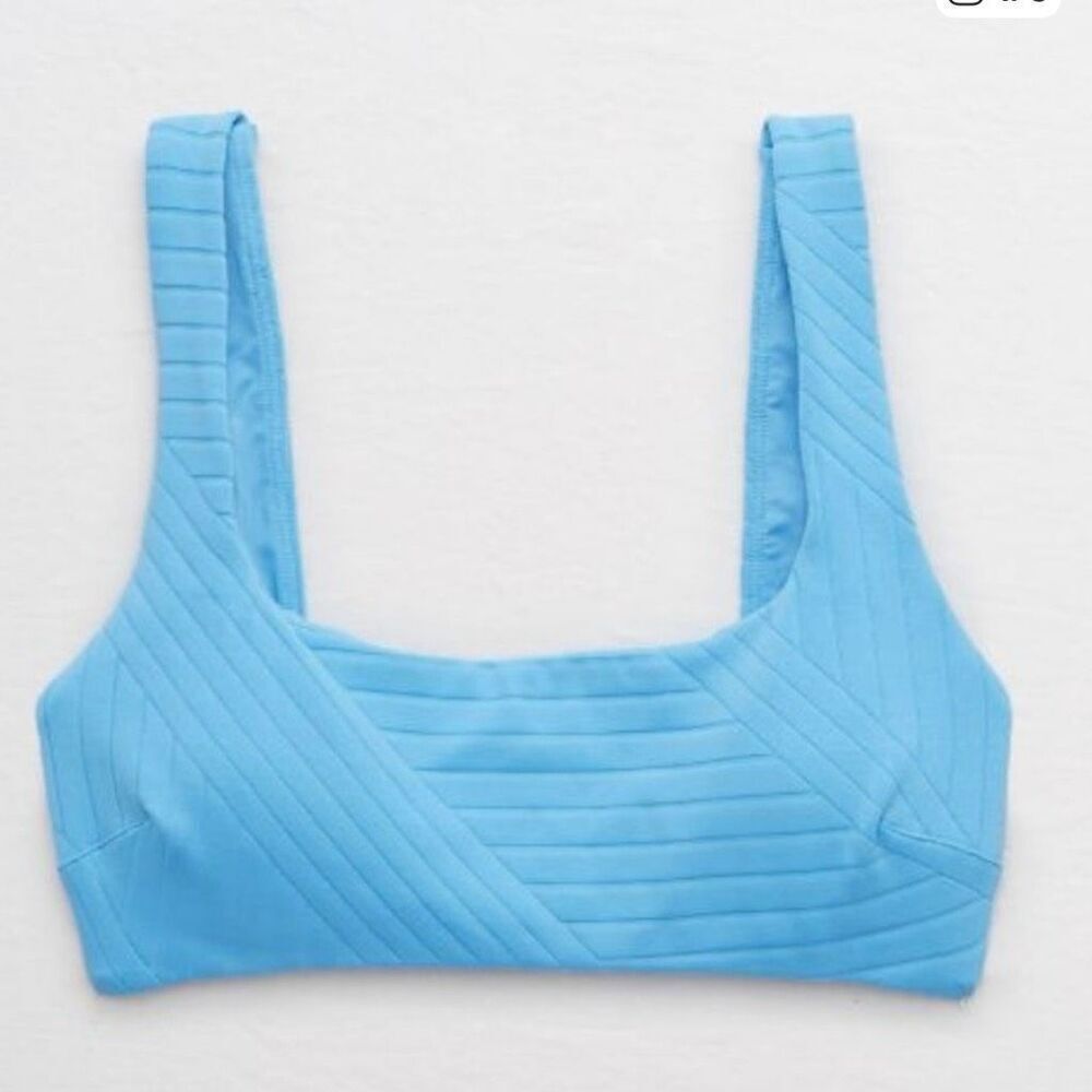 aerie Large Ribbed Wide Strap Scoop Bikini Top Light  Blue